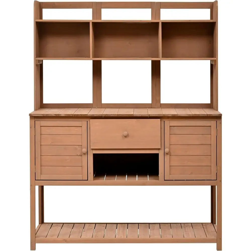 Banc d'empotage de patio élégant en bois avec clapier, tiroir et étagères réglables pour le jardinage extérieur (marron)