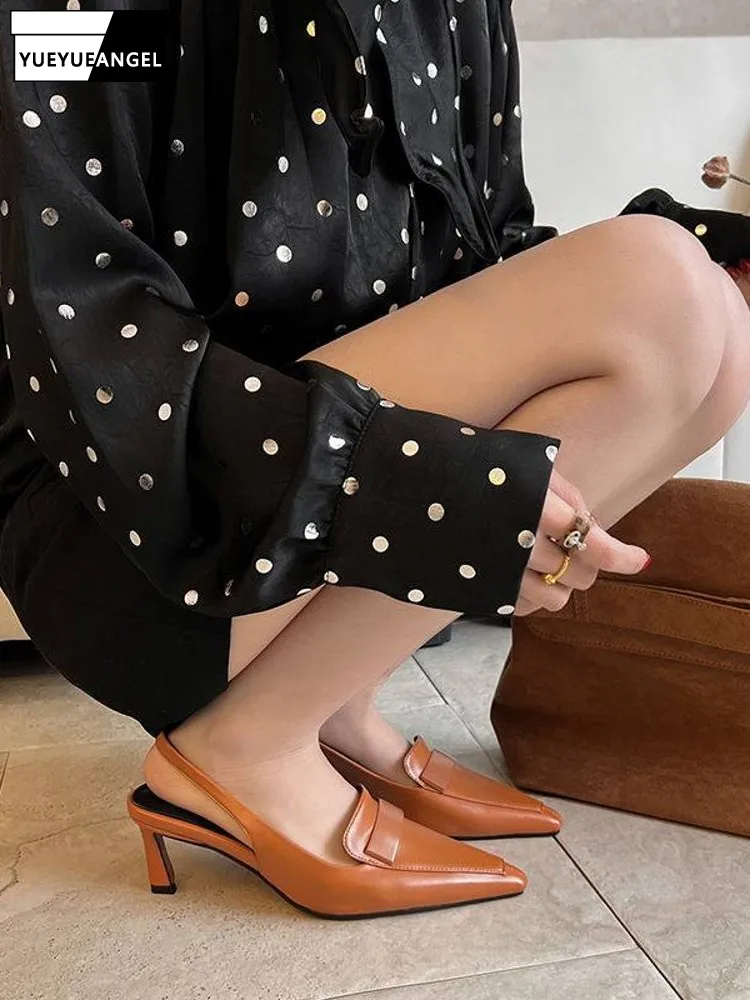 Sexy Women Thin High Heels Pointed Toe Sandals Back Strap Office Ladies Work Shoes Summer New Slip On Cow Split Leather Sandals