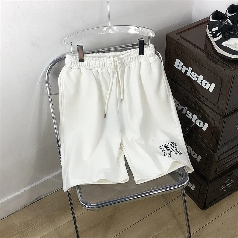 Youthful Style Embroidered Cotton Five-Point Pants Classic Black White Angel Sports Casual Men Women Leisure Trousers