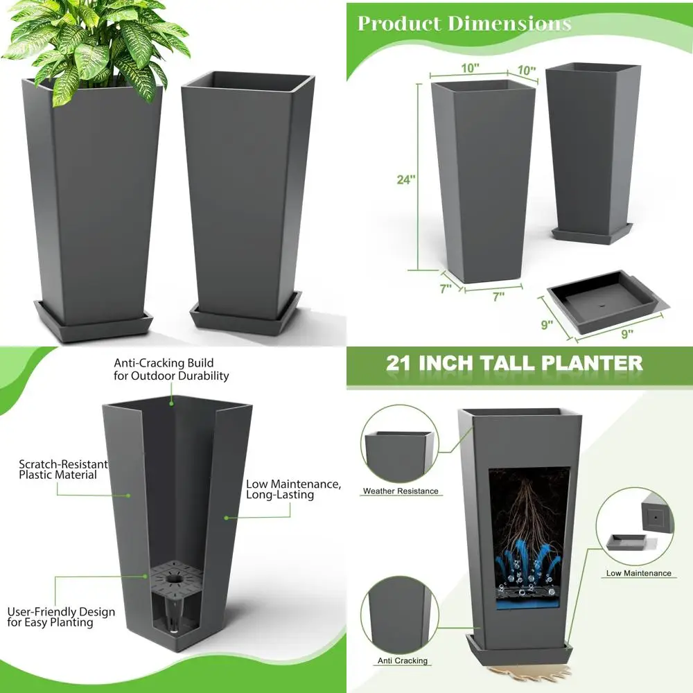 

Pair of 24-Inch Outdoor Tall Tapered Planters with Drainage, Weather-Resistant Plastic Construction