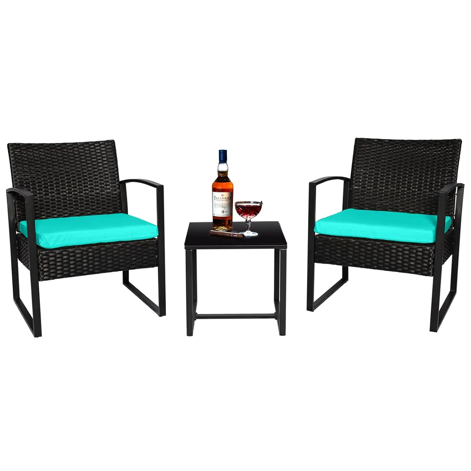 3 Piece Wicker Patio Bistro Set, PE Rattan Chair & Table For Porch Balcony Garden, Blue Cushion, Customized