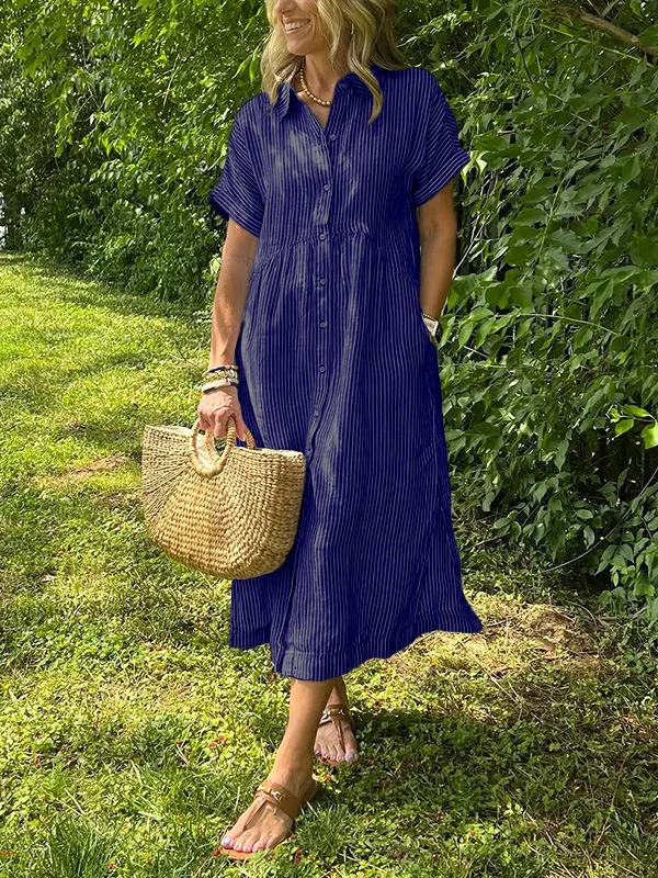 

Women's Fashionable Dress With Striped Contrasting Shirt Single Breasted Cotton Linen Spring Summer Lapel Jumpsuit, Long Skirt
