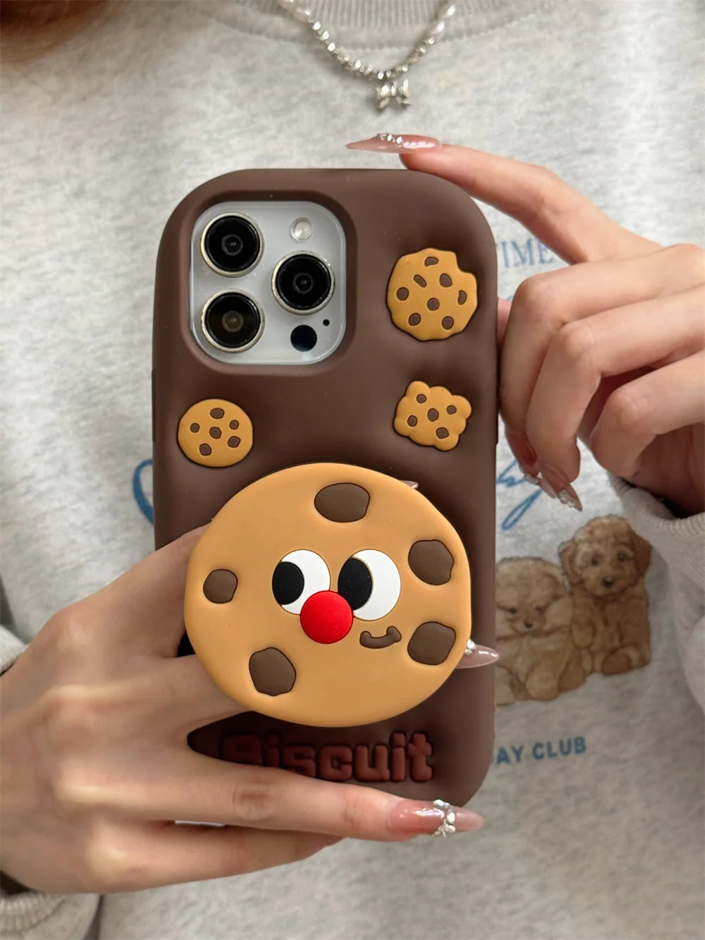 Cute Funny Chocolate Cookies Telescopic Bracket Case For iPhone 16 15 14 13 11 12 Pro Max 3D Silicone Stand Holder Back Cover