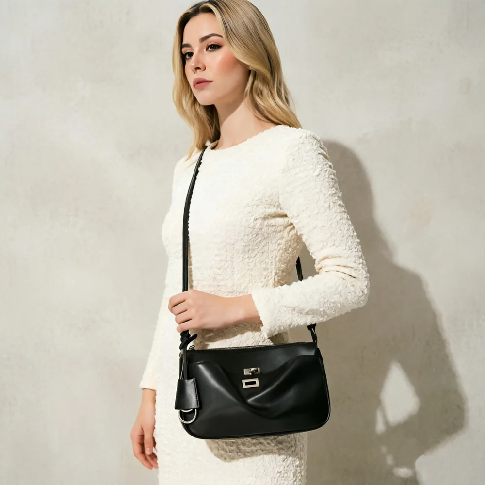 Rodeo Top Quality Women's Handbag Black Split Leather Cowhide Tote with Gold Buckle Fashion Shoulder Bag for Ladies