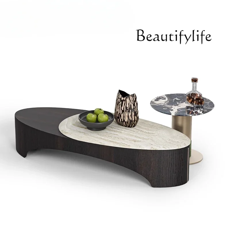 

V /Italian Modern Medieval Style/white Cave Stone/living Room Oval Natural Marble Coffee Table Side Table Combination