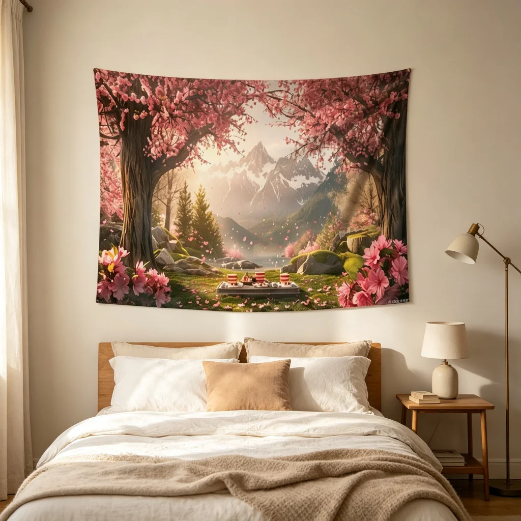 1PC Cherry Blossom Mountain Print Backdrop Banner, Bedroom Photo Background, Polyester Wall Hanging, Home Decor, Wall Art