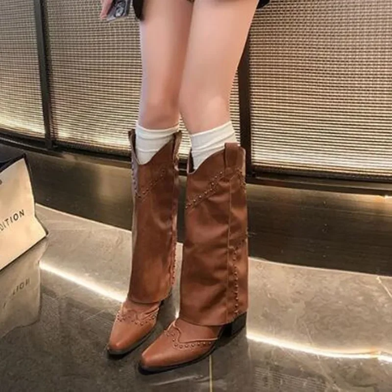 NEW Women Square Heel Cowboy Boots Western Short Leather Knee High Luxury Designer Gothic Punk Rock Shoes Vintage Studded Boot
