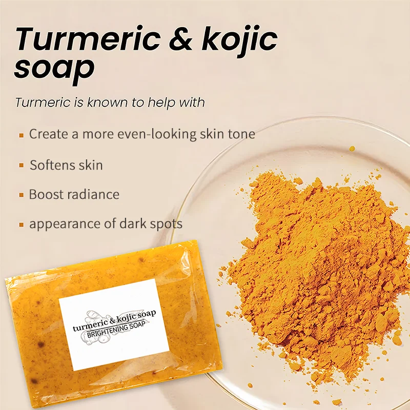100 جرام من صابون الكركم وحمض الكوجيك لتبييض البقع الداكنة والترطيب العميق والتحكم في الزيت وغسول الجسم بالزنجبيل