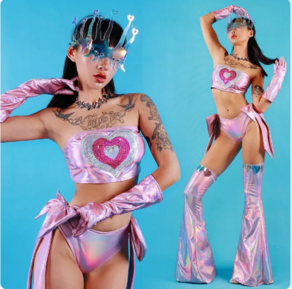

Laser Pole Dance Costume Women Gogo Dancer Stage Clothing Party Rave Outfit Sequins Tops Leg Cover Drag Queen Outfits