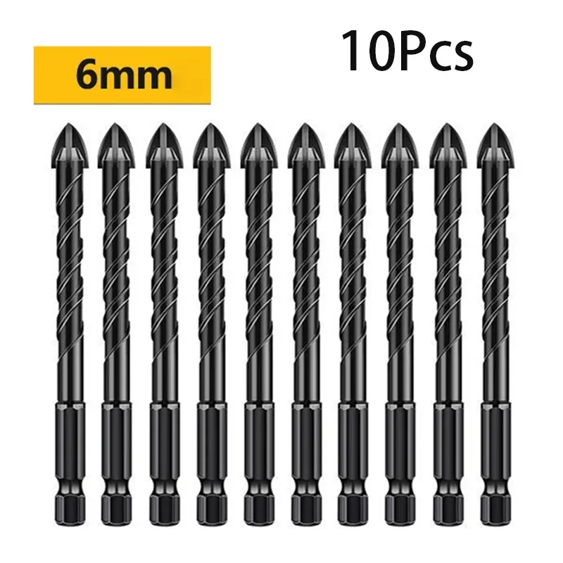 10 шт., набор сверл для плитки с шестигранной головкой, 6 мм, стеклокерамика, открывалка для отверстий в бетоне, кирпич, треугольные сверла из твердого сплава, сверла для бетона