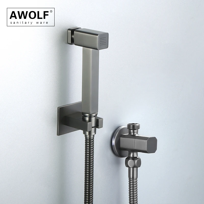 Awolf Gun Grey Toilet Bidet Handheld Sprayer Set Solid Brass Hygienic Shower Head Square Shattaf with Pushing Button AP2350