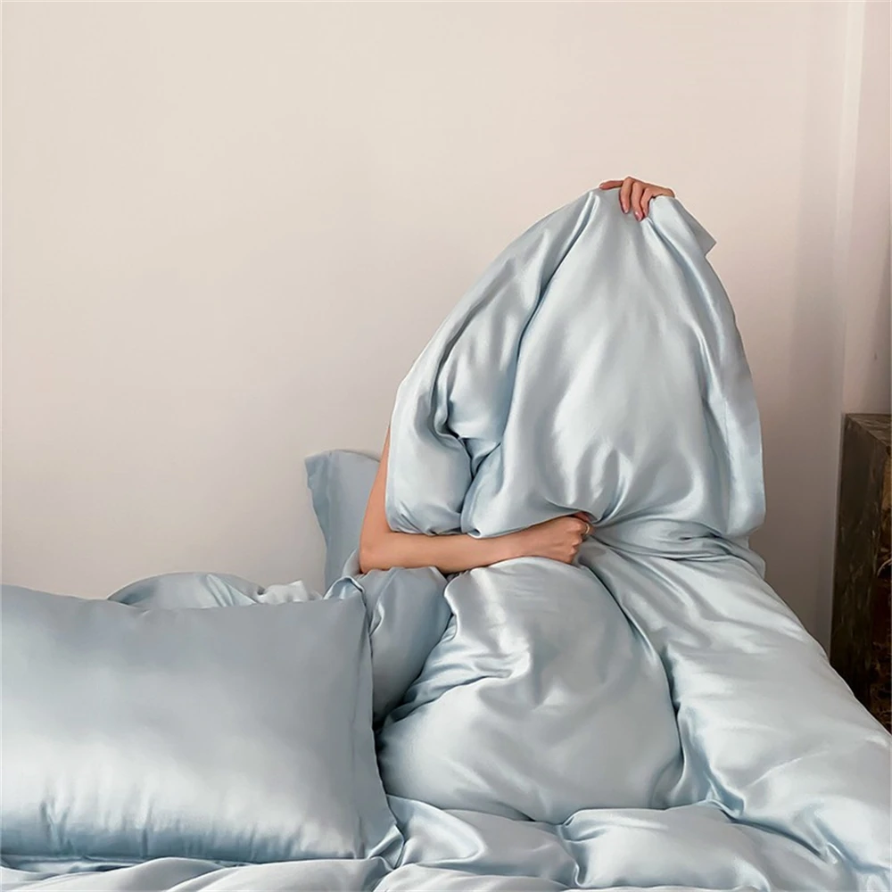 Imagem -06 - Liv-esteta Elegante Conjunto de Cama Azul Capa de Edredão de Luxo Folha Plana Fronha Roupa de Cama Sono Profundo Rainha e Rei 100 Seda