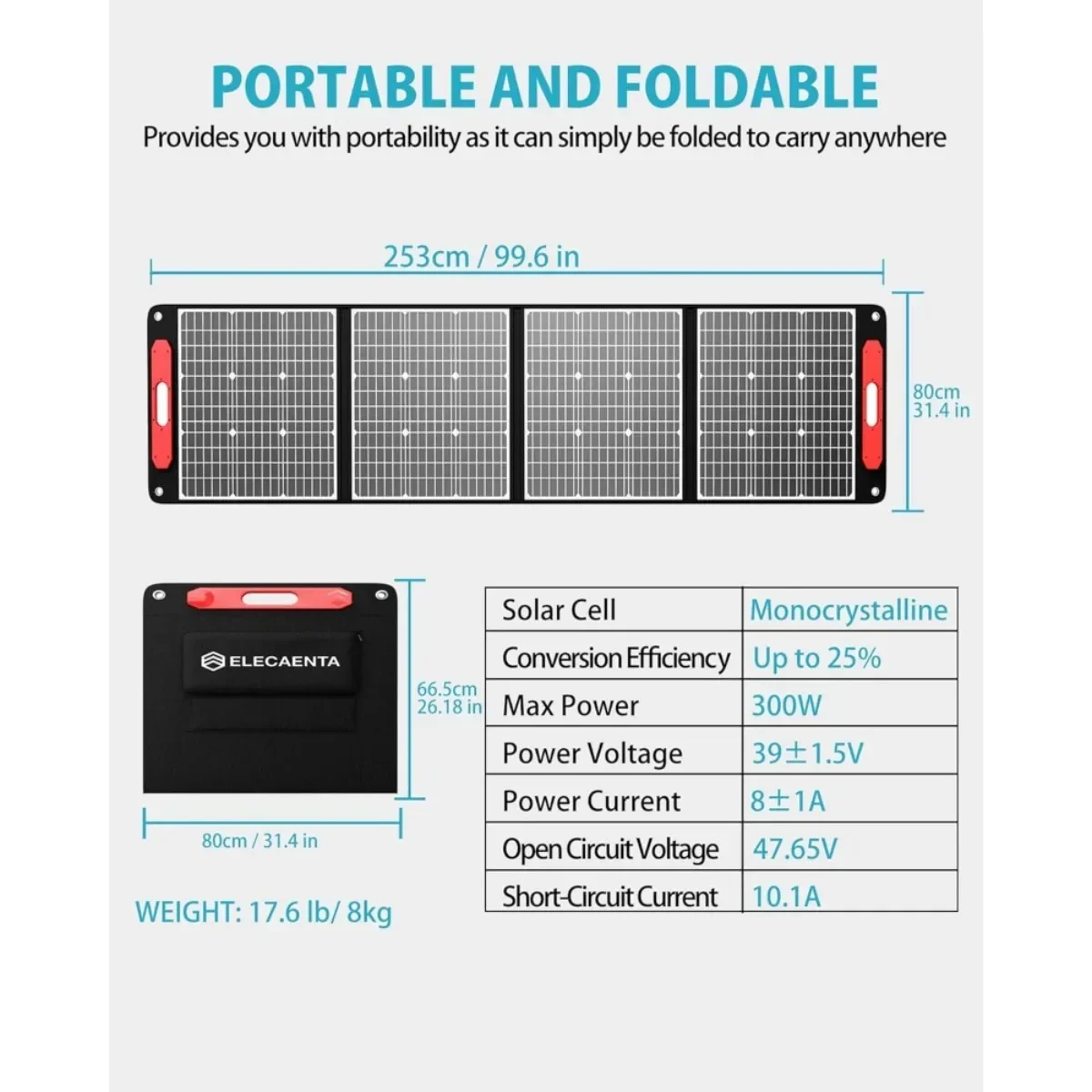 شاحن شمسي خفيف الوزن للغاية بقدرة 300 وات - لوحة قابلة للطي عالية الكفاءة للتخييم