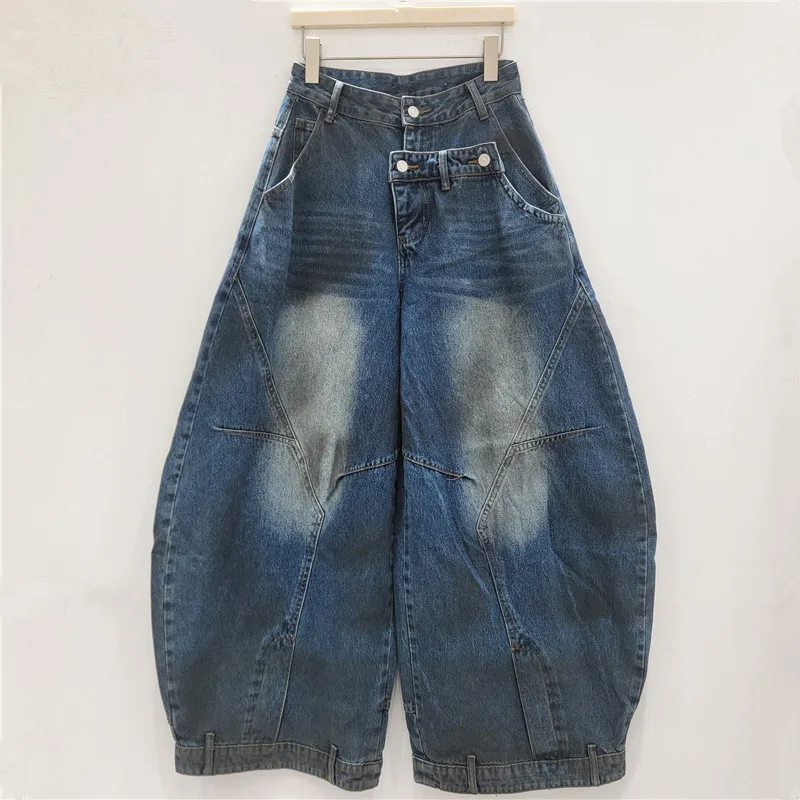 WTHT Vintage Trendy Women's Irregular Waist Design Do Old Wash Wide Leg Jeans 2026 Spring High Waist Denim Pants Female 1LS2985