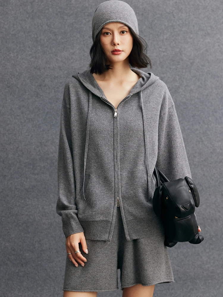 

TLOML New Women's 100% Cashmere Sweater Hooded Cardigan Shorts Suit Casual Loose Cashmere Knitwear Autumn Winter Warm Comfy Suit