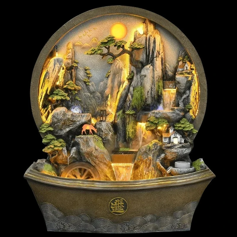 TTLiving Room Chinese Courtyard Balcony Feng Shui Wheel Fish Pond Gold Ingot Landscape Landscaping Water Wall Ornament53