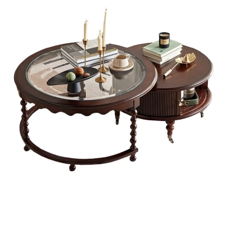 

American retro round solid wood round coffee table combination living room household room small apartment advanced black antique