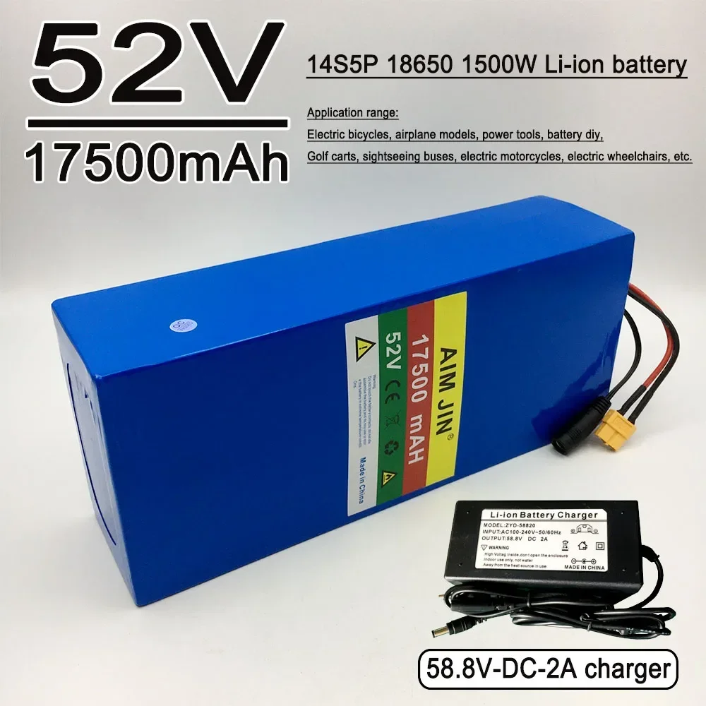 

52V 14S5P 17500mAh 18650 1500W lithium battery, high-power suitable for electric bicycles, scooters+58.8V 2A charger