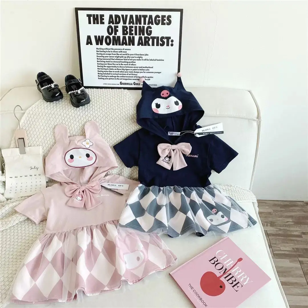 

Sanrio Kuromi Kawaii Melody Girl Summer New Girls Cartoon Hooded Diamond Plaid Dress Children Short-Sleeved Mesh Princess Skirt