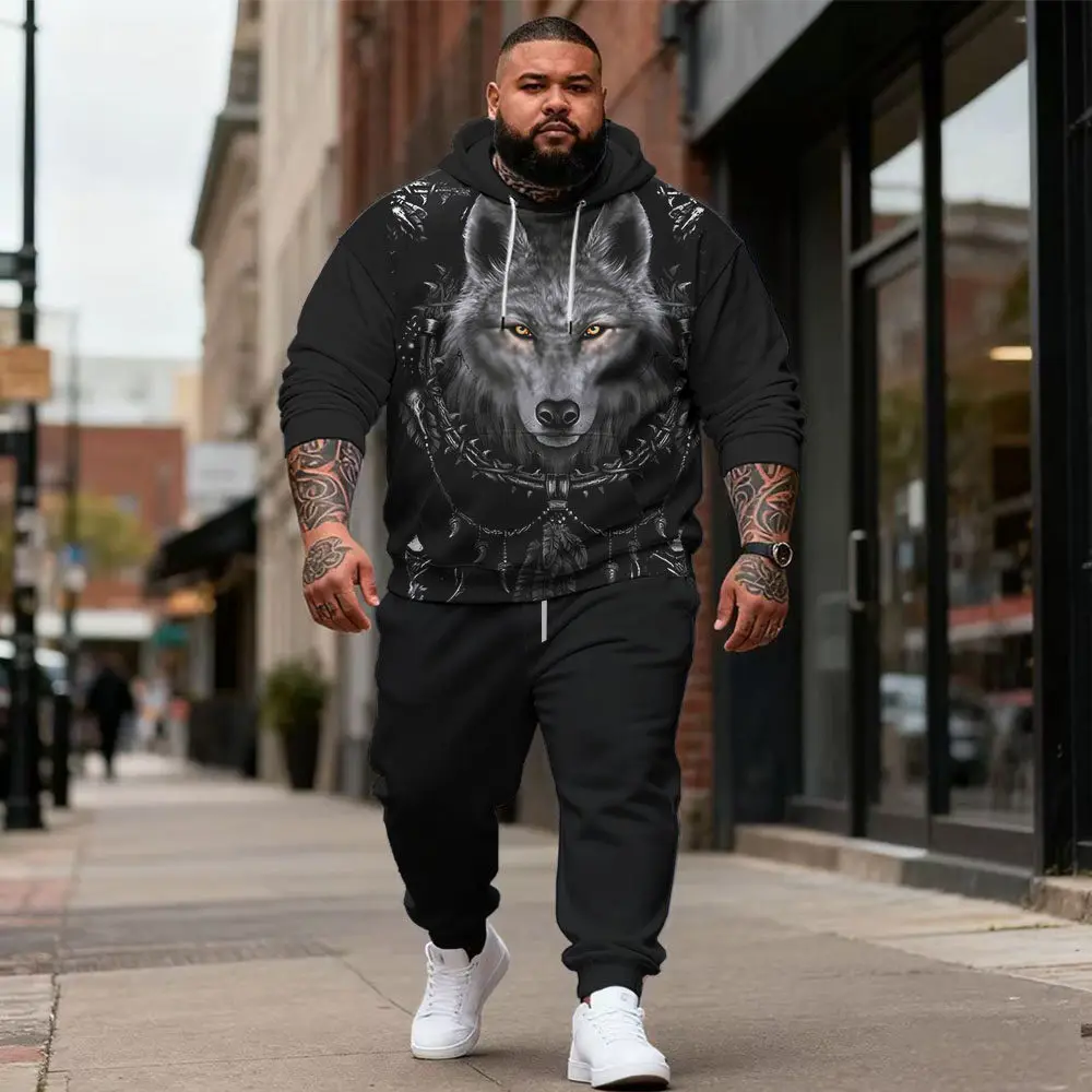 

S-9xl plus size Big & Tall Hoodie Set: Wolf Elements - 2-Piece Casual Outfit, High-Quality Fabric, Clear Wolf Patterns,
