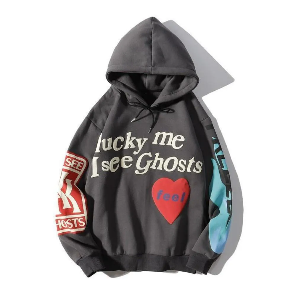 Lucky Me I See Ghosts Vintage Graphic Hoodies Graffiti Hoodie Cotton Pullover foaming technology