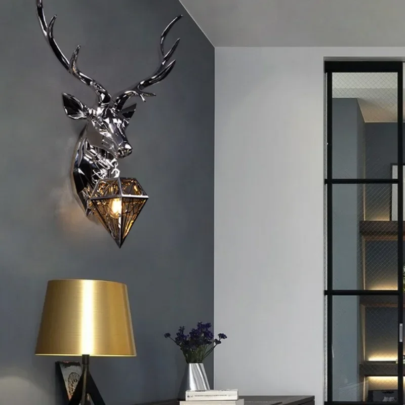 GHJUYIOL Zhaocai Deer Head Wall Lamp American Gold Plated Living Room TV Background Wall Deer Horn Lamp Bedroom Creative Interio image 5