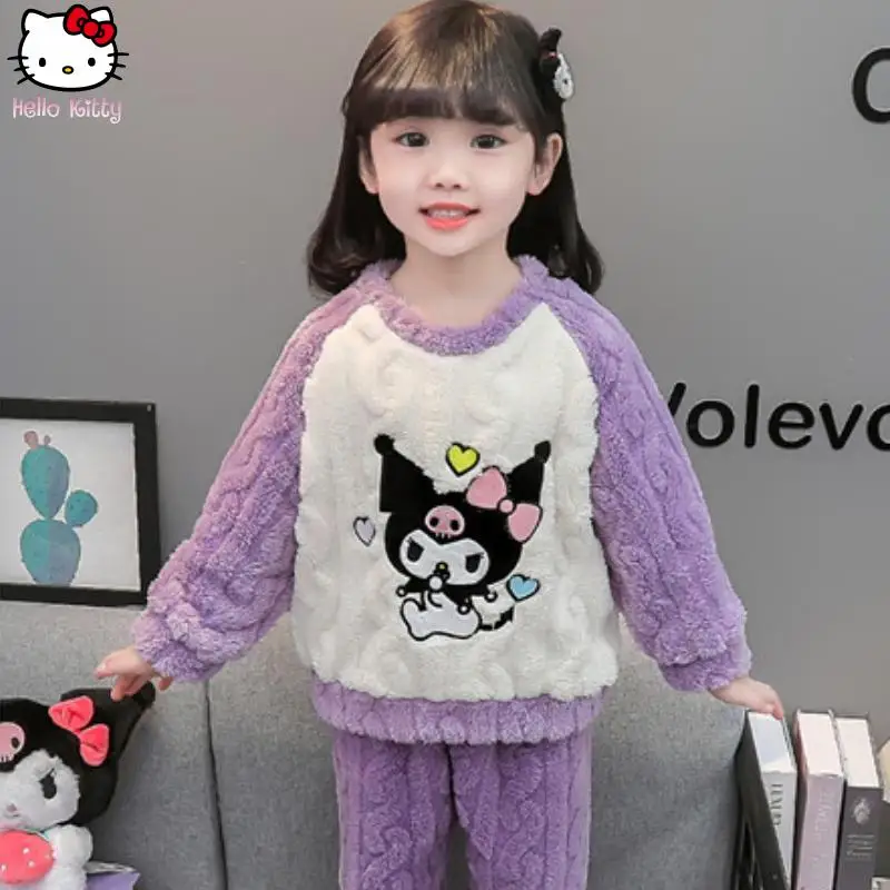 

Аниме мультфильм девушка круглый вырез Hello Kitty Kuromi теплый пижамный комплект с длинными рукавами Kawaii осень зима новые брюки Sanrio Hom одежда