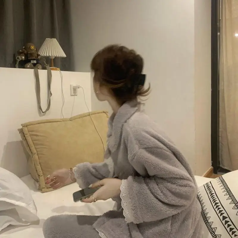 طقم بيجامة ملابس نسائية ملابس منزلية بأكمام طويلة طقم مكون من قطعتين للخريف والشتاء موضة سميكة ومريحة حلوة #6