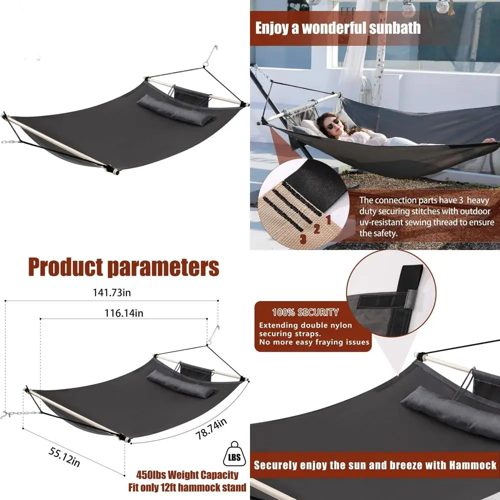

Large 12FT Outdoor Hammock with Iron Spreader Bar and Nylon Rope, 450LB Capacity for Patio, Garden, Backyard, Beach - Gray