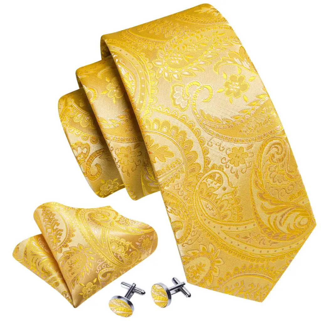 Barry.Wang Emas kuningan Jacquard sutra pria dasi Hanky Cufflink bros Set bunga Paisley dasi Pin untuk pria hadiah bisnis pernikahan