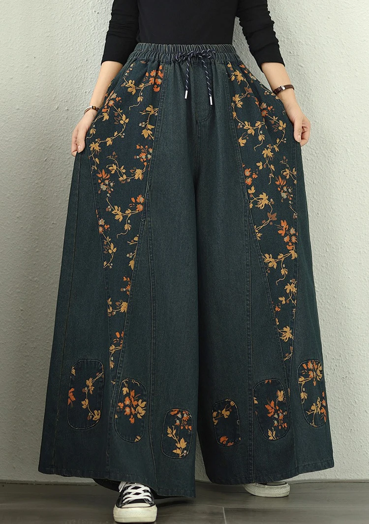 NYFS 2025 جديد الخريف امرأة الدنيم واسعة الساق السراويل فضفاضة حجم كبير بنطلون خمر طباعة مرونة الخصر الجينز