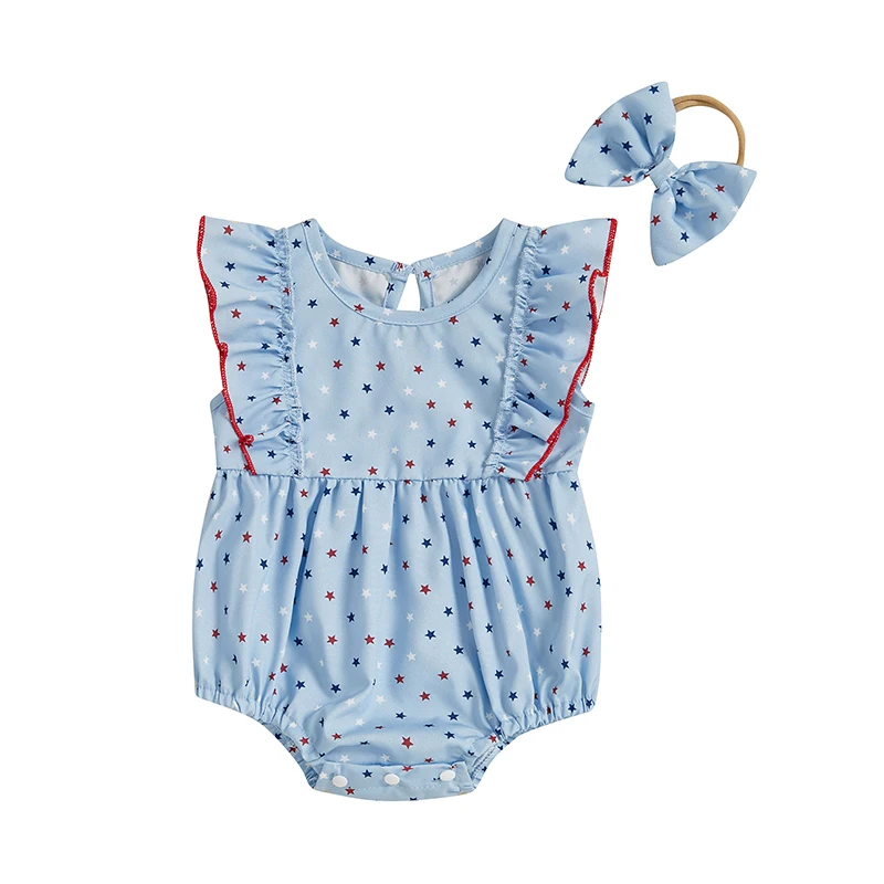 

Baby Girls Rompers Independence Day Clothes Star Print Ruffles Sleeveless Bodysuits Jumpsuits with Headband