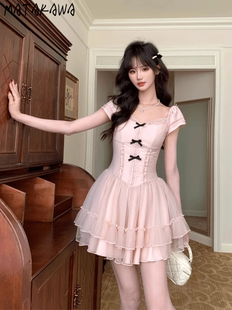 

Matakawa Pink Princess Dresses Women Sweet A-line Spring Summer Vintage Mini Dress Korean Fashion Birthday Party Vestidos Mujer