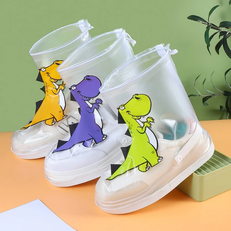 1 Set copriscarpe antipioggia impermeabili antiscivolo trasparenti scarpe antipioggia solide bambini Cartoon Dinosaur Galoshes Zip copriscarpe