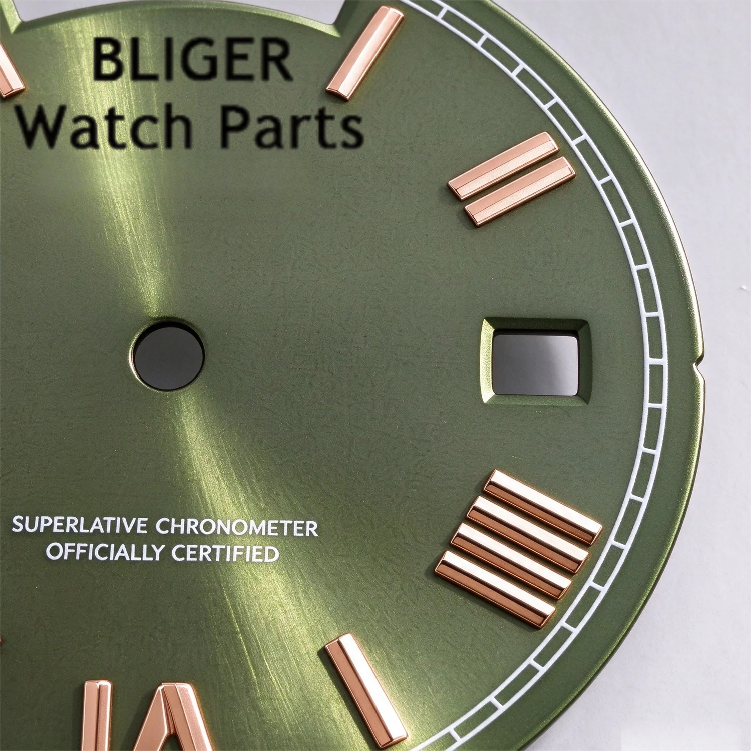 BLIGER Sterile Watch Dial Face 29MM Vintage Green Rose Gold Roman Numeral Day Week Date Dial Fit Miyota 8285 Automatic Movement