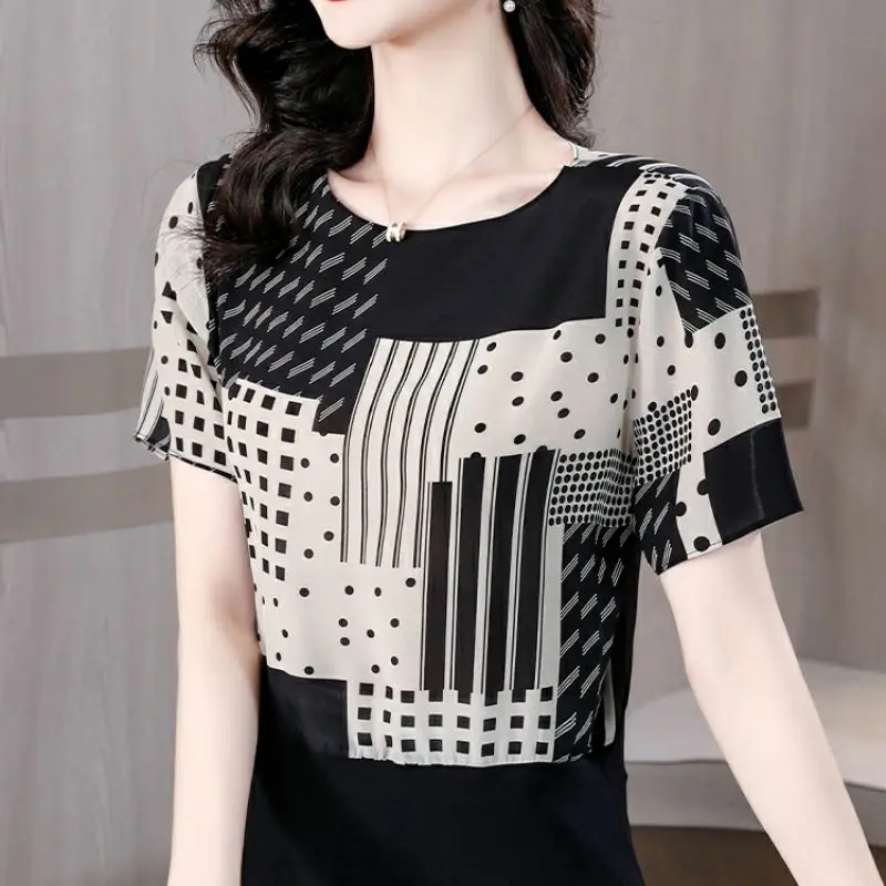 

Vintage Printed O-Neck Spliced Short Sleeve Blouse Women's Clothing 2023 Summer New Oversized Casual Pullovers Commuter Shirt