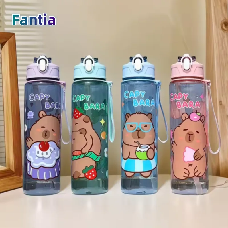 

750ML Cute Capybara Water Cup With Straw & Handle Sports Drinking Bottle Large Capacity Kawaii Water Bottle For Outdoor Use
