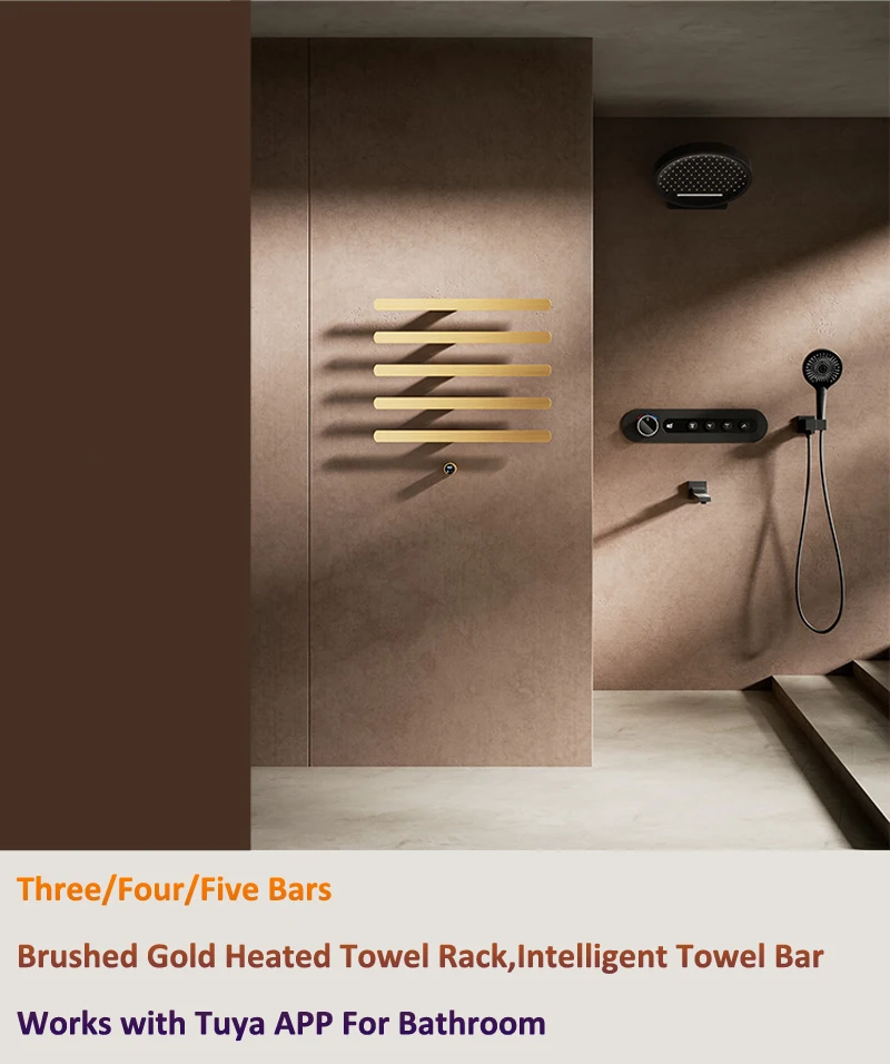 

Brushed Gold Heated Towel Rack Electric 3 4 5 Bars App Control Smart Warm Rail Bathroom Furniture 2025 New Collection 2026