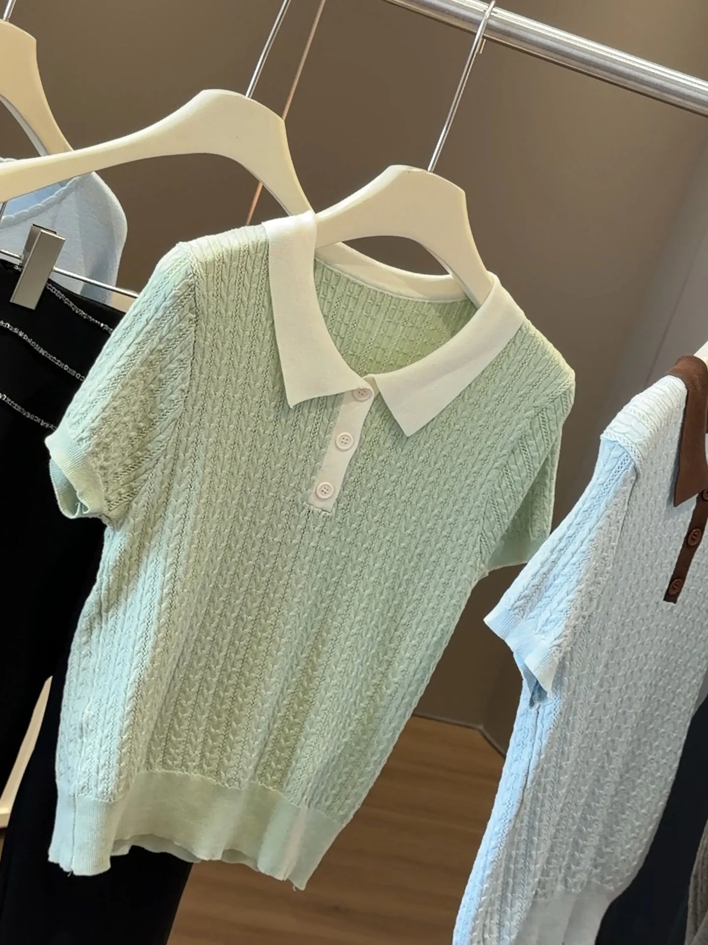 Women's Mint Green Cable Knitted Crochet Polo Top Contrast Collar Short Sleeve Knit Shirt Simple Harajuku Casual Preppy Summer