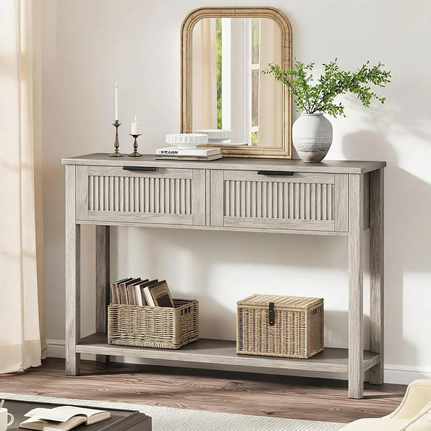 Wood Console Table with 2 Drawers & Shelf, 43 Inch Fluted Entryway Sofa Table with Storage for Living Room & Foyer, Grey, Custom