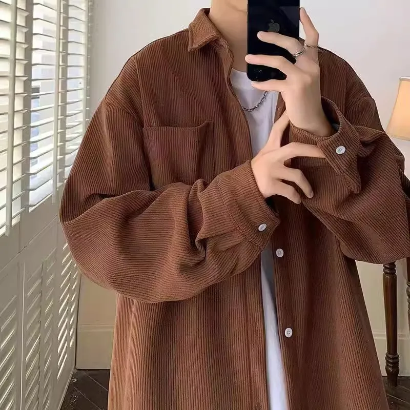 

Мужская вельветовая рабочая рубашка в японском ретро-стиле, весенне-осенняя, свободного кроя, больших размеров, износостойкая, в стиле рабочей одежды