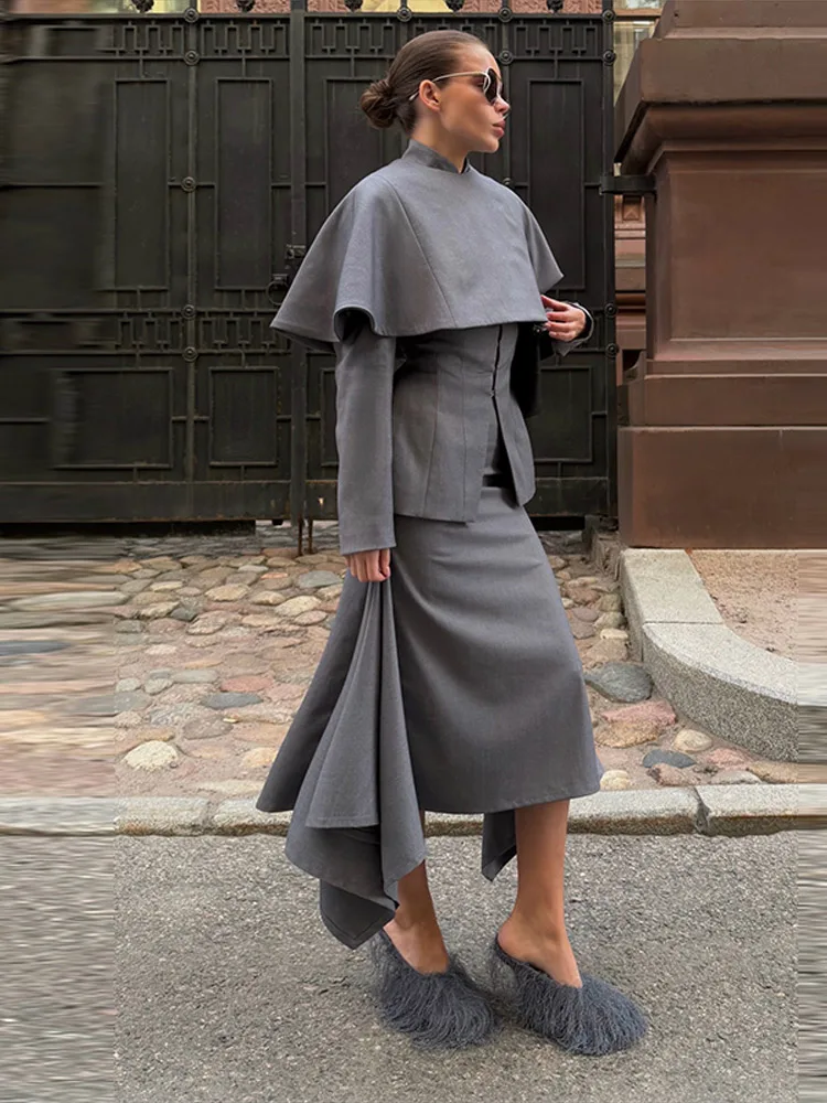 Elegant Outfit Cape Shawl Collar Women's Full Suit Asymmetrical Mermaid 3 Piece Long Skirt 2026 Autumn Office Female Gray Suits