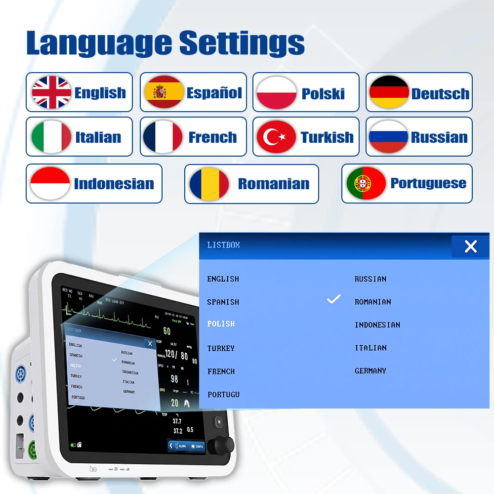 Resoxy Patient Vital Signs Monitor 12.1 Inch Screen Human Use 6 Parameters Medical Patient Monitor ECG NIBP TEMP RESP SPO2 PR