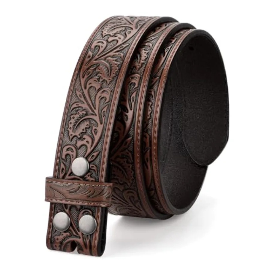 Correa de cinturón estilo western para hombre sin hebilla, de 1.5 pulgadas de ancho, con grabado floral en relieve, correa de cuero.