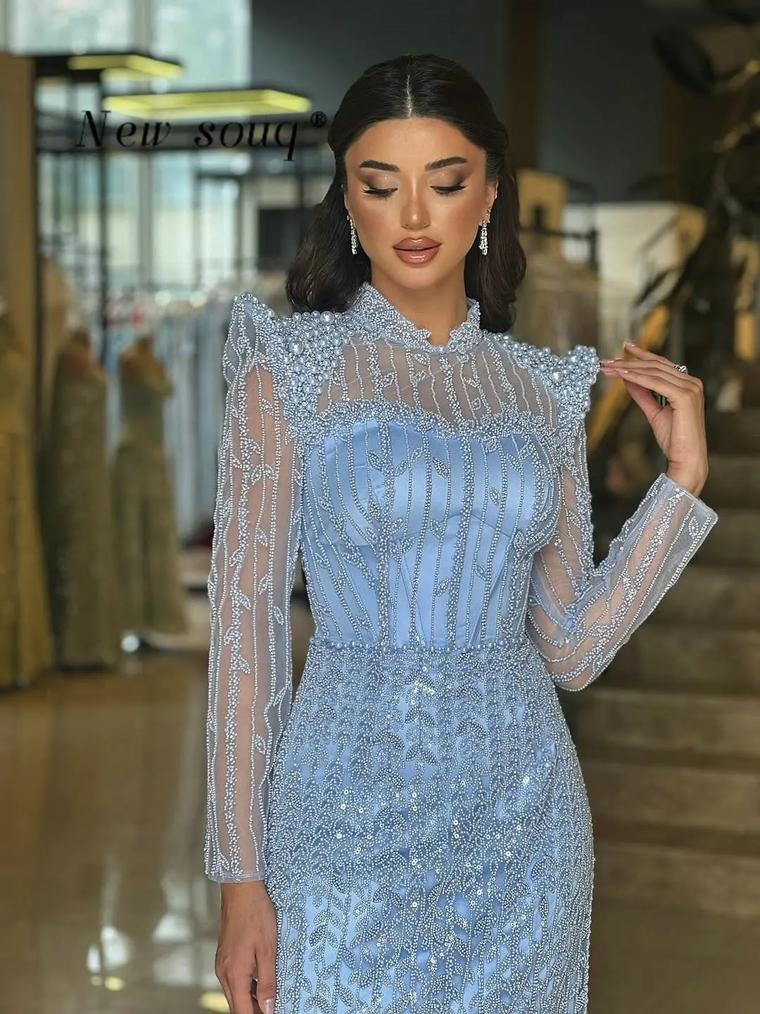 Robes de soirée bleu clair arabe élégant à manches longues perles robes de soirée perlées personnalisé formel dîner de mariage robes de bal