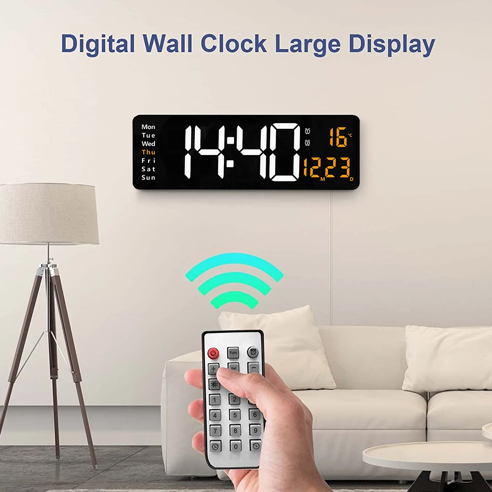 Wall-mounted Digital Wall Clock Remote Control Temp Date Week Display Power Off Memory Table Clocks Dual Alarm Large LED Decor