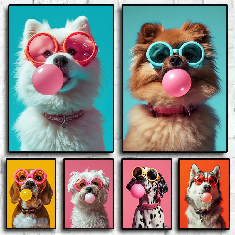 Dog Bubblegum Sunglasses Posters and Prints Samoyed French Bulldog Pomeranian Canvas Painting Wall Art Picture Room Home Decor