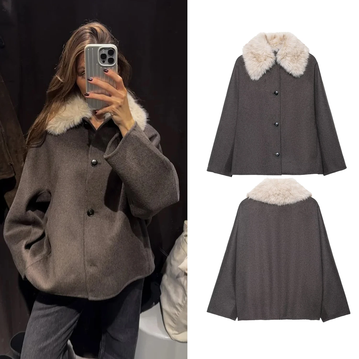 

Women Autumn Winter Fur Lapel Woolen Jacket Coat Dark Blue Elegant Long Sleeve Single Breasted Coats Lady Chic Street Outerwear