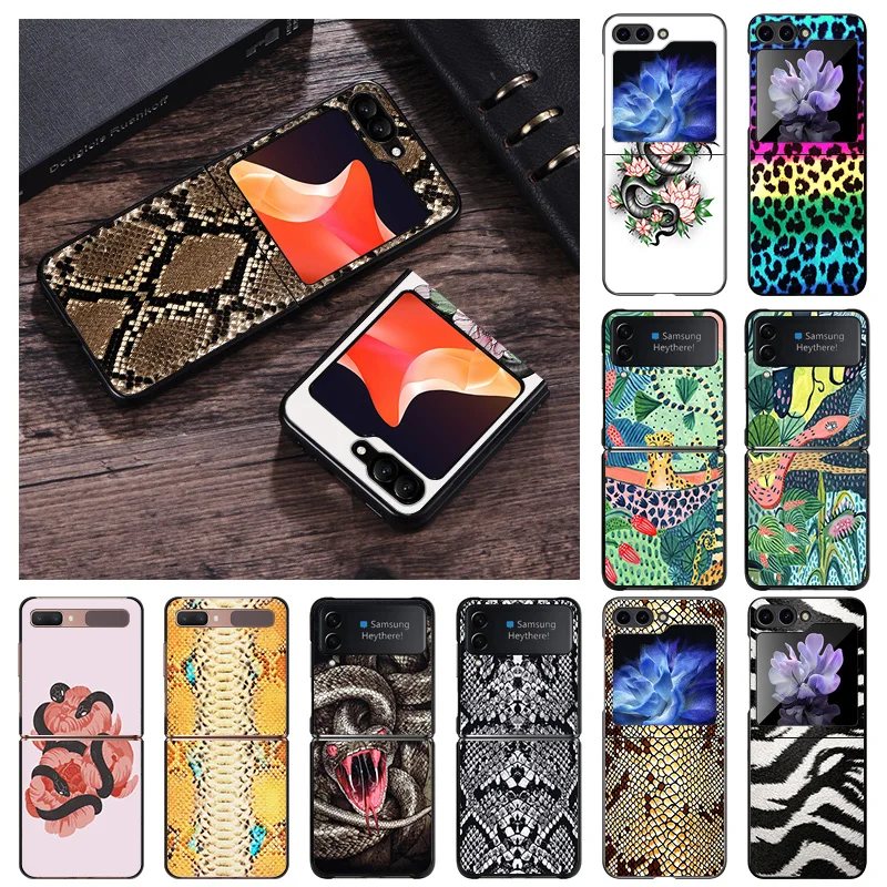 Black Matte Phone Case For Samsung Galaxy Z Flip6 Flip 6 5 4 3 Flip3 Flip4 Flip5 5G Flower Python Snake Scales Hard Shell Cover