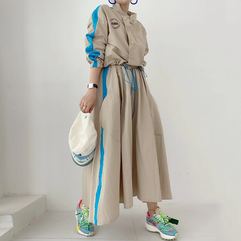 Chic Spring Personalized Letter Print Color Blo ort Jaet High Waist ket Maxi Skirt Set Faionable A-Line Skirt